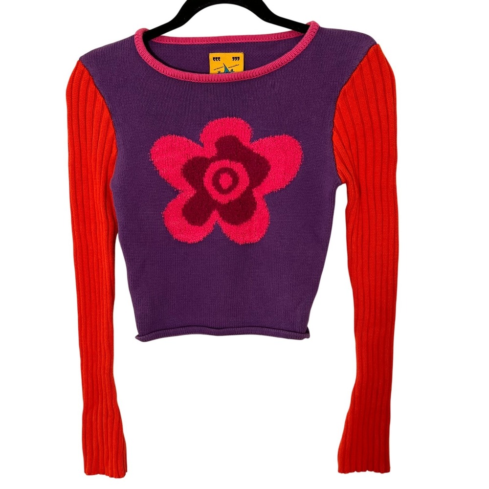 UNIF Y2K Flower Knit Top XS Purple Orange Long Sleeve Cropped Retro Sweater